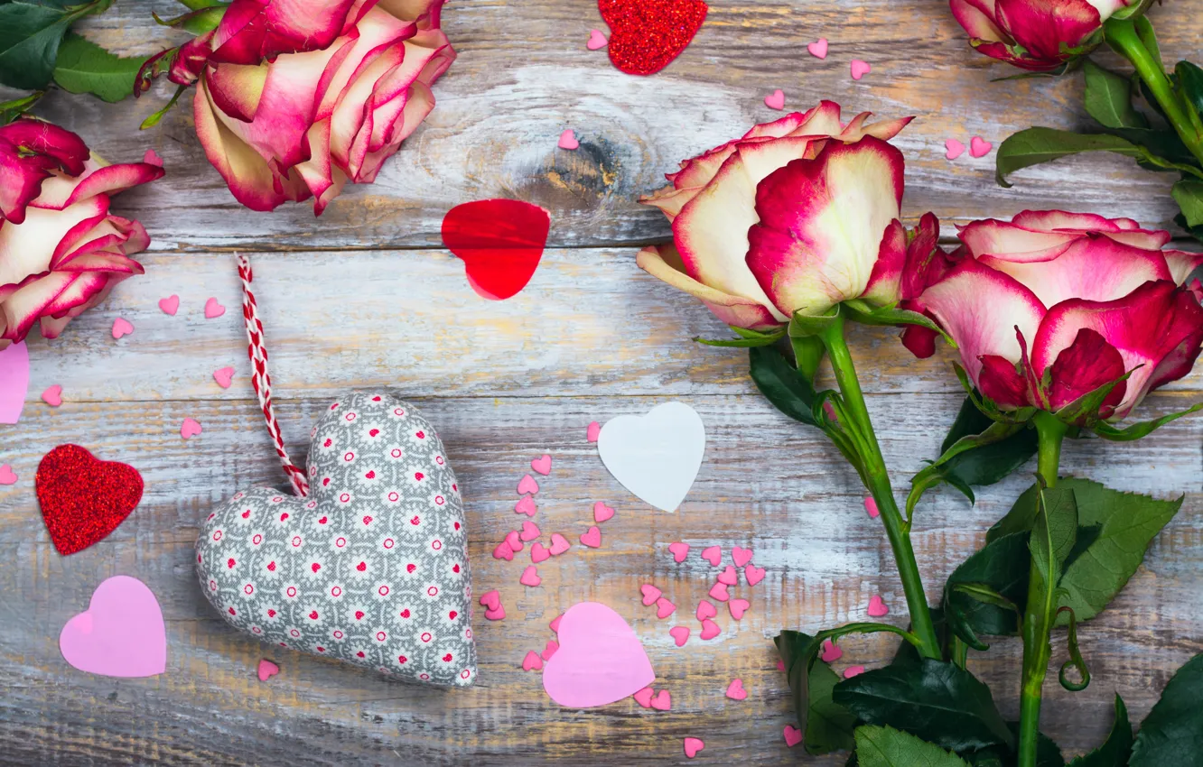 Photo wallpaper flowers, heart, roses, hearts, love, heart, wood, pink