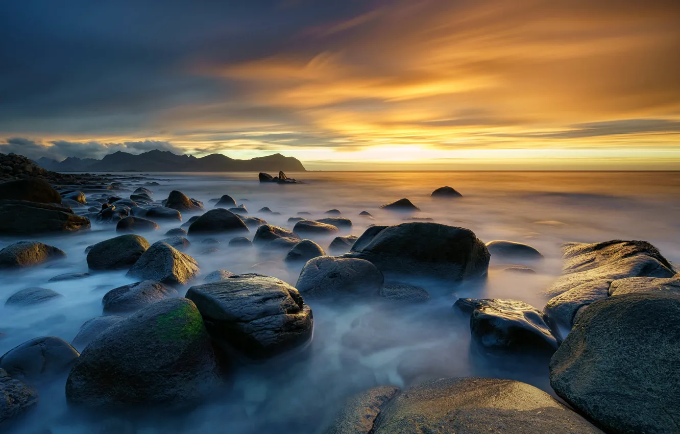 Photo wallpaper sea, sunset, stones, Norway, Norway, Lofoten, Nordland, Vikten