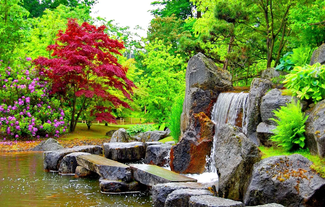 Photo wallpaper Park, stones, waterfall