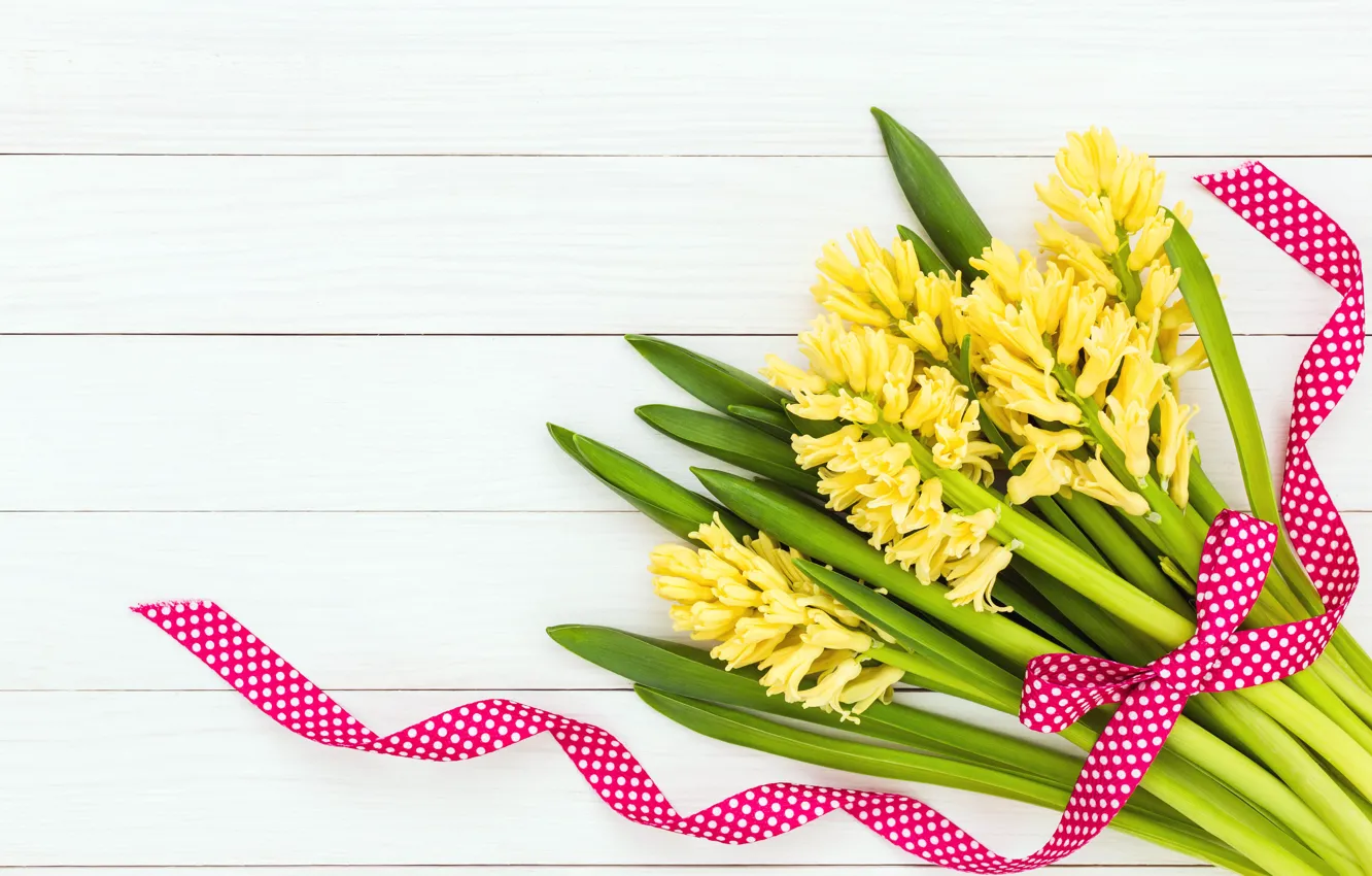 Photo wallpaper flowers, bouquet, yellow, tape, yellow, flowers, ribbon, hyacinths