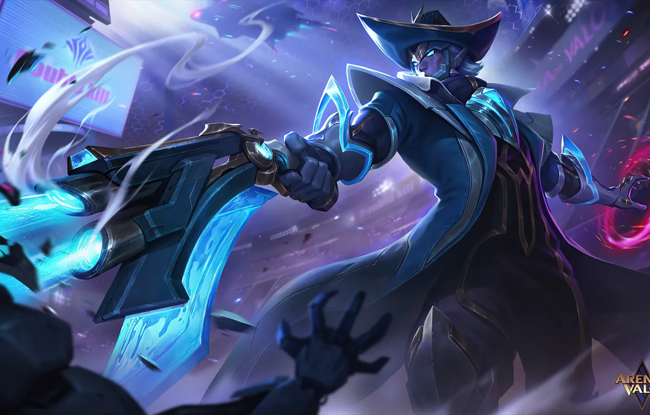 Photo wallpaper weapons, magic, shot, battle, arena, scoreboard, video game, online