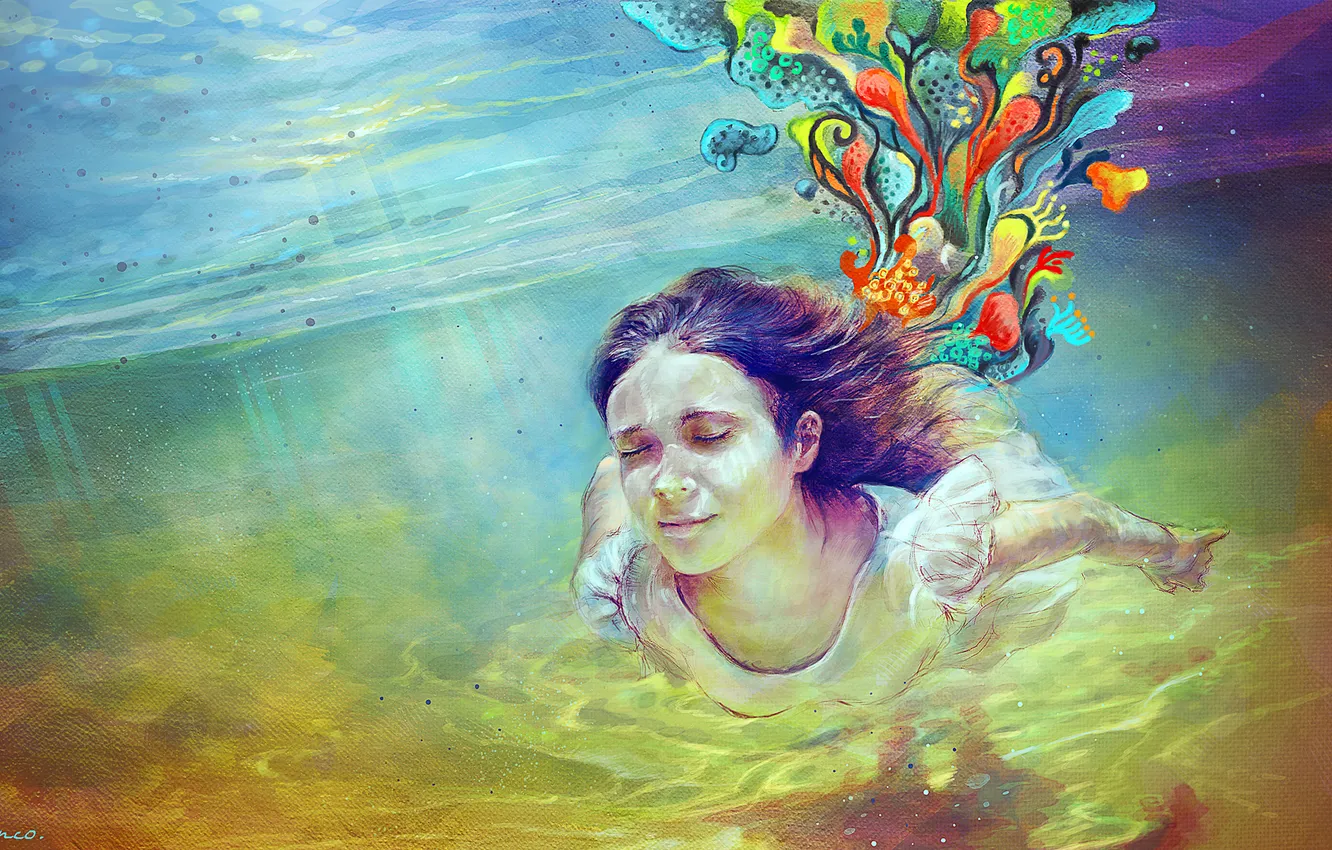Photo wallpaper water, girl, paint, figure, color, depth, brightness, swimming