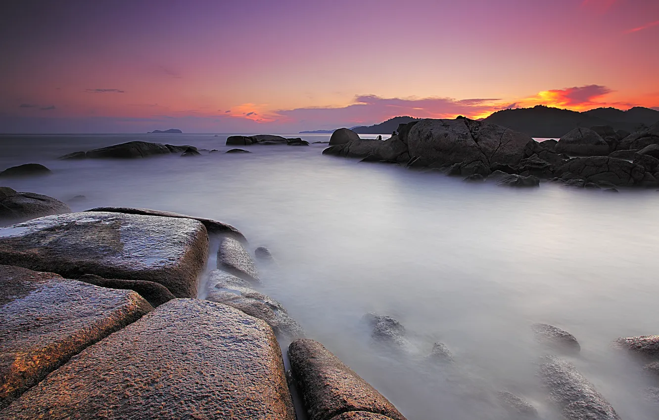 Photo wallpaper sea, the sky, clouds, sunset, stones, rocks
