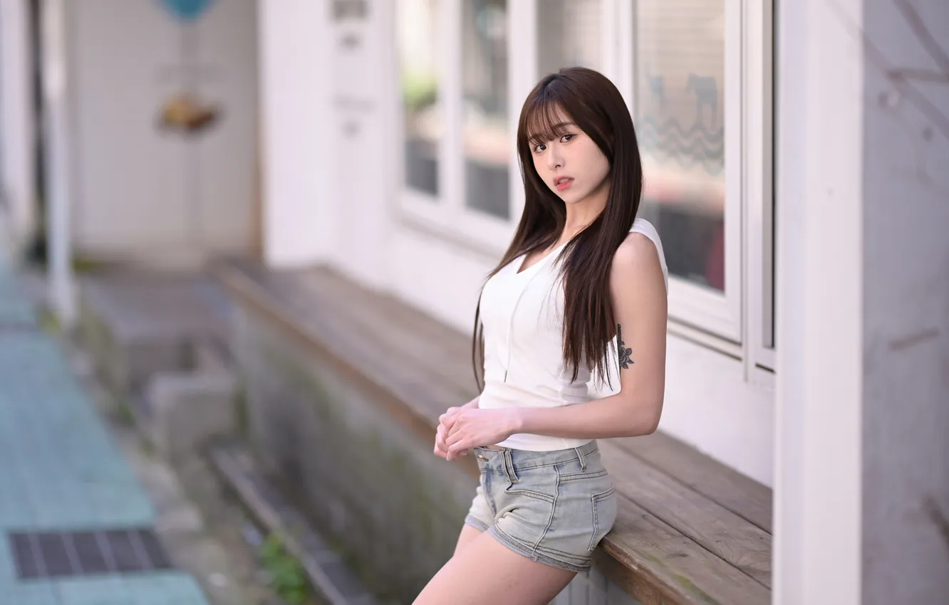 Photo wallpaper girl, pose, hair, shorts, Mike, Asian, hip, bokeh