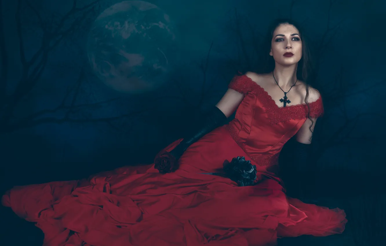 Photo wallpaper girl, night, red, the moon, model, figure, dress, Mary