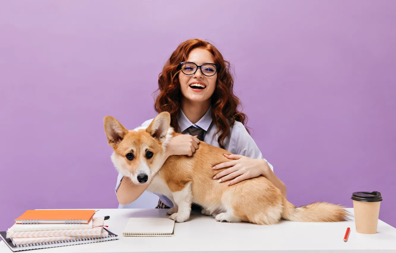 Photo wallpaper girl, each, dog, Corgi