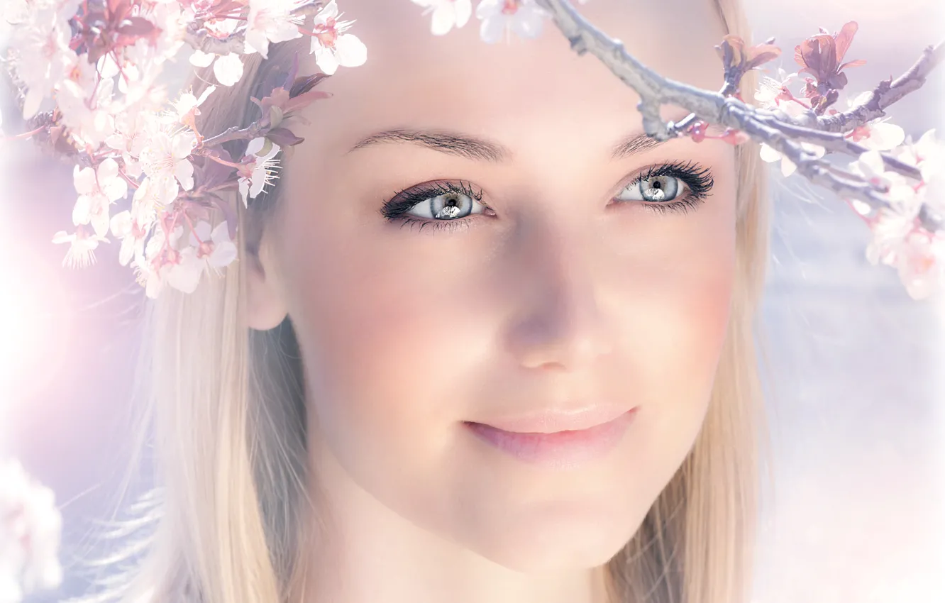 Photo wallpaper eyes, girl, flowers, nature, face, smile, spring