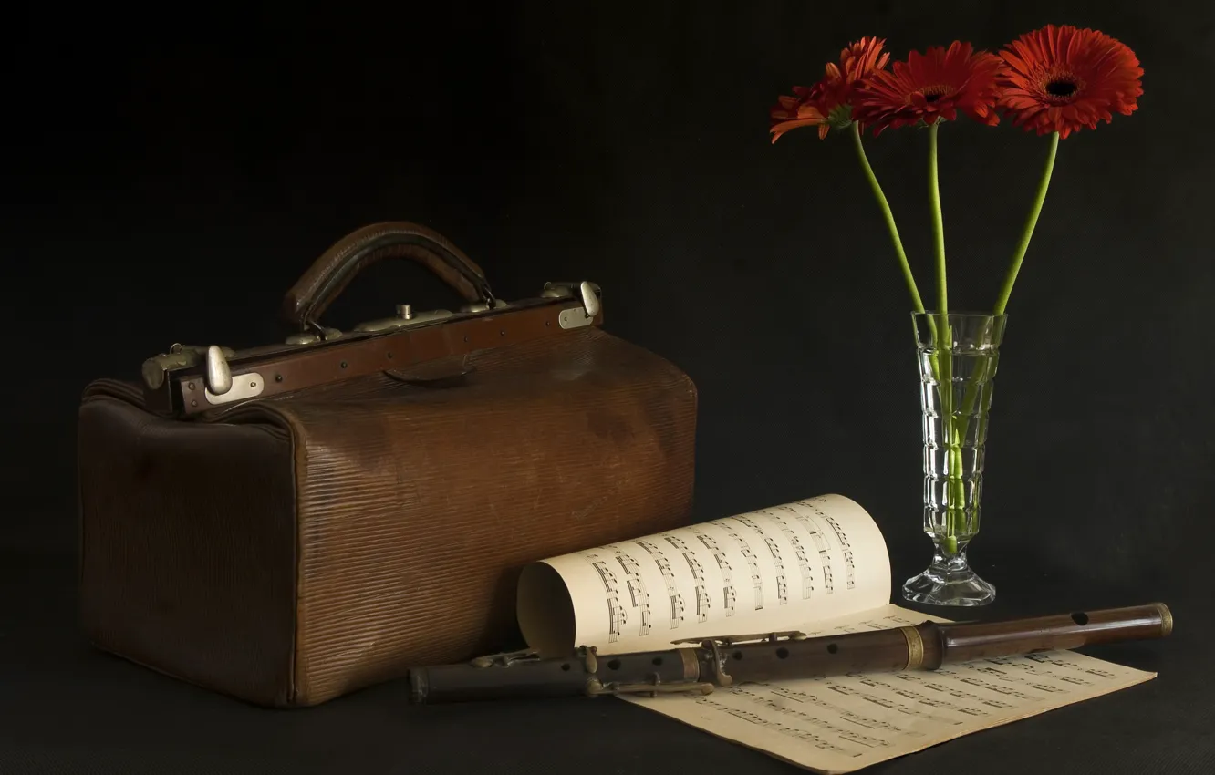 Photo wallpaper flowers, notes, flute