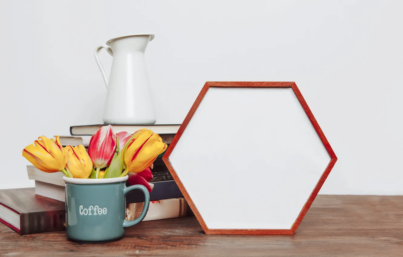 Photo wallpaper flowers, photo, bouquet, frame, colorful, mug, tulips, book