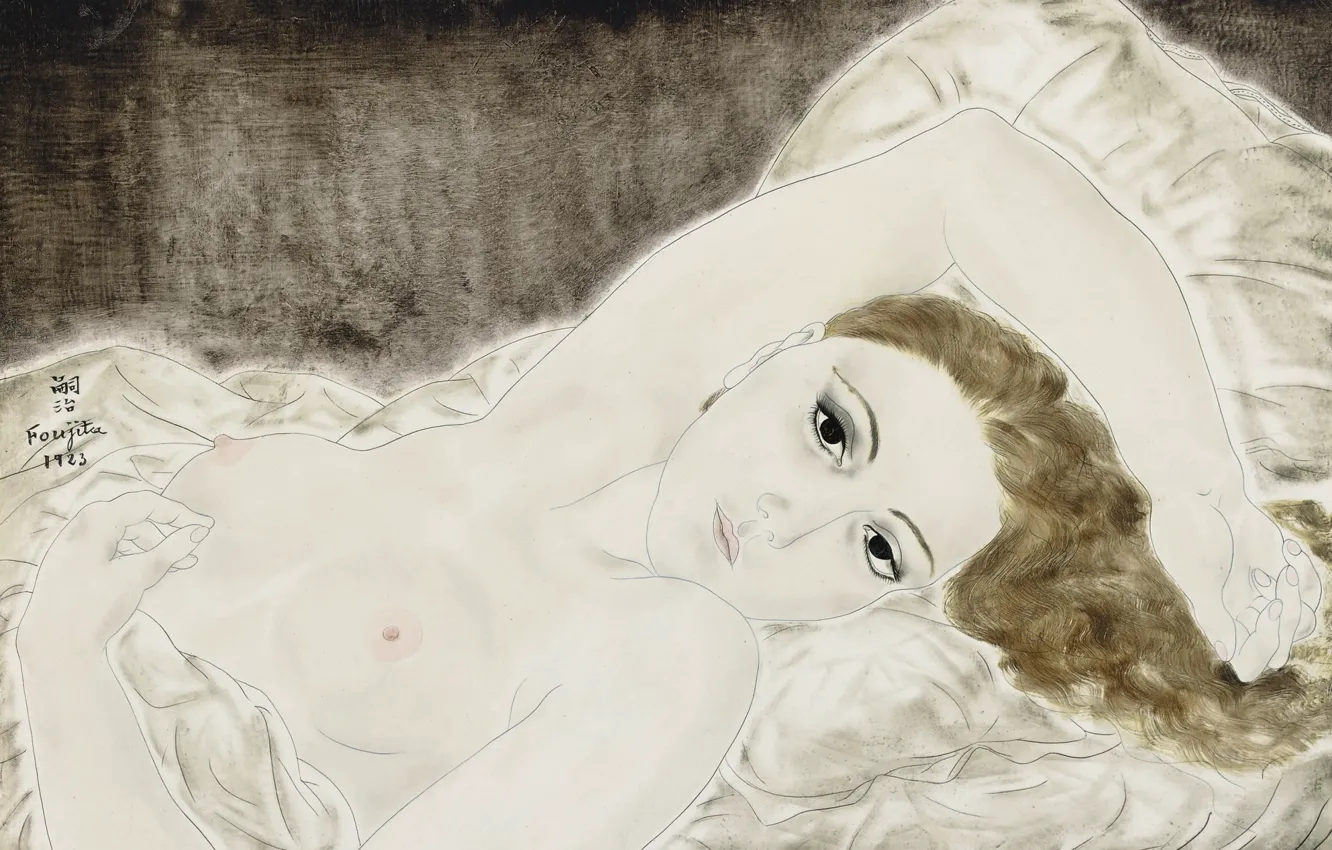 Photo wallpaper chest, woman, brown hair, 1923, Tsuguharu, Fujita, Nude in bed