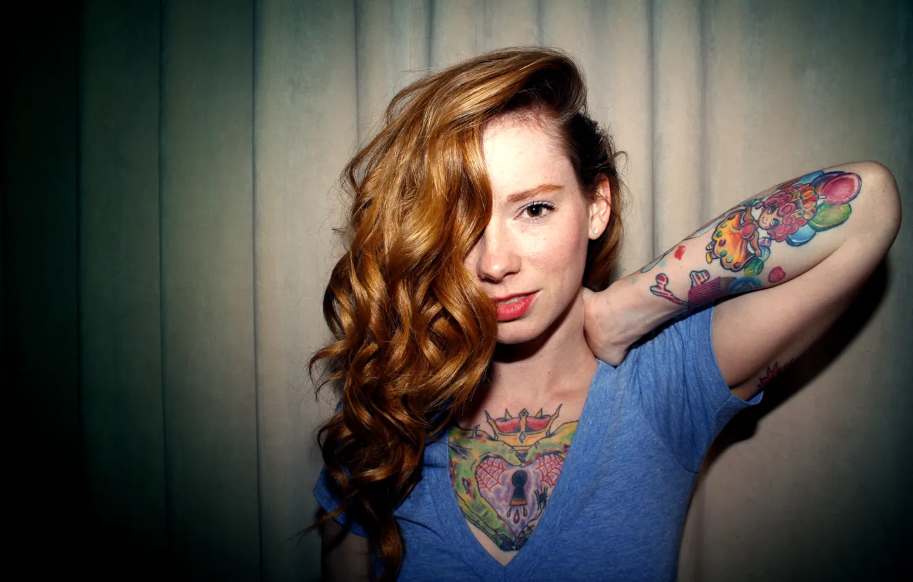 Photo wallpaper girl, woman, smile, model, tattoo, redhead, tattoos, Hattie Watson