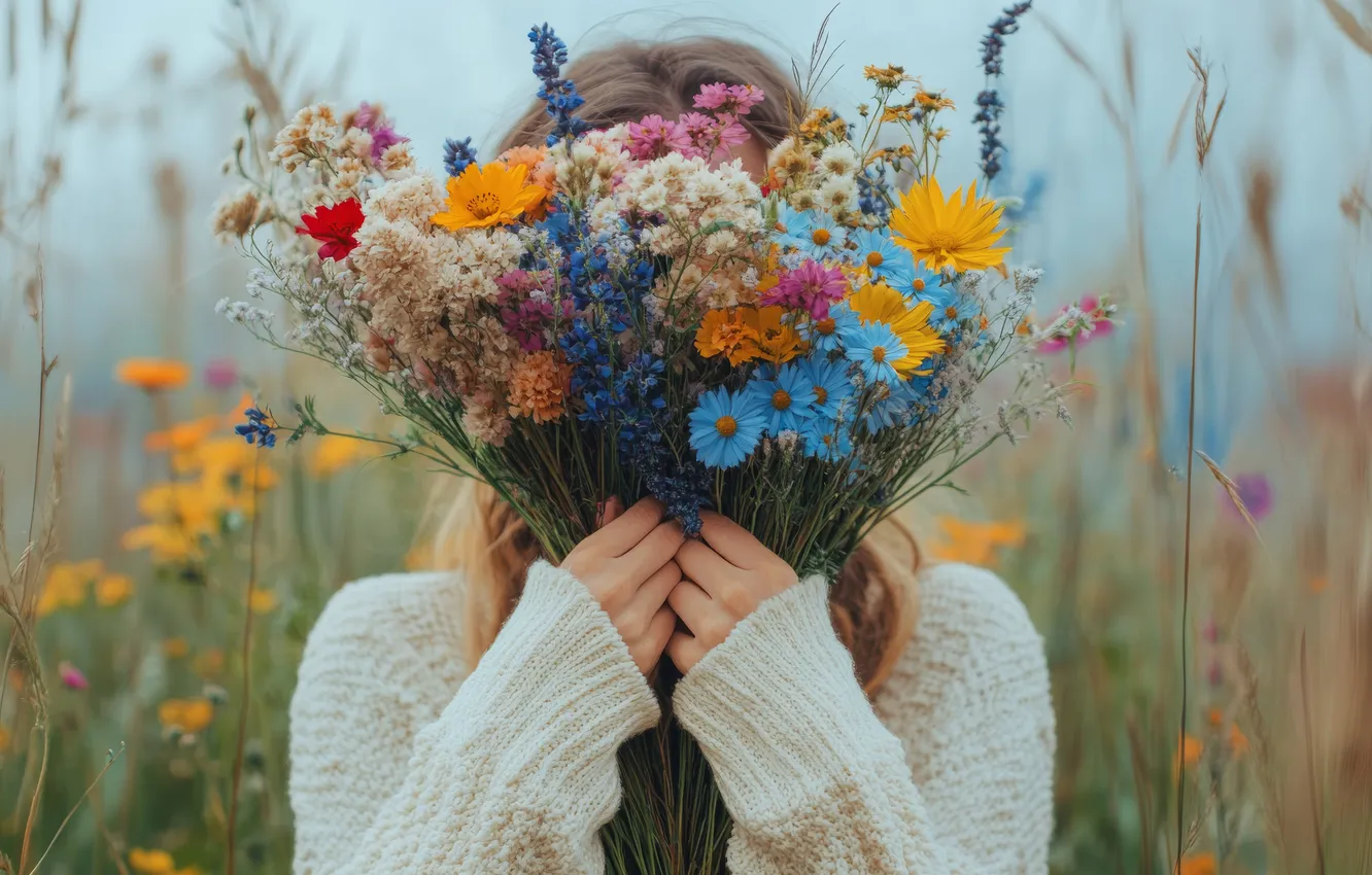 Photo wallpaper field, summer, girl, flowers, orange, nature, blue, bouquet