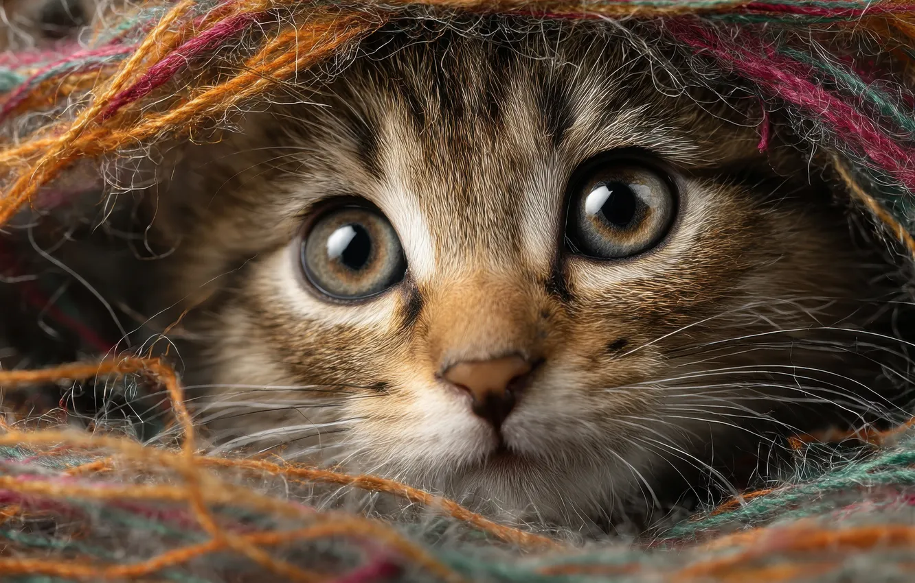 Photo wallpaper cat, eyes, look, pose, grey, kitty, thread, face