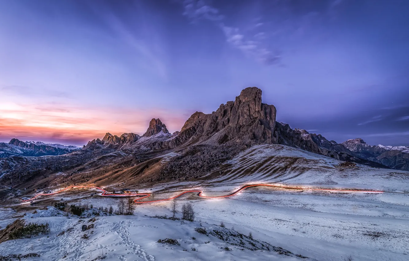 Photo wallpaper winter, road, mountains, excerpt, Italy, Italy, Dolomites