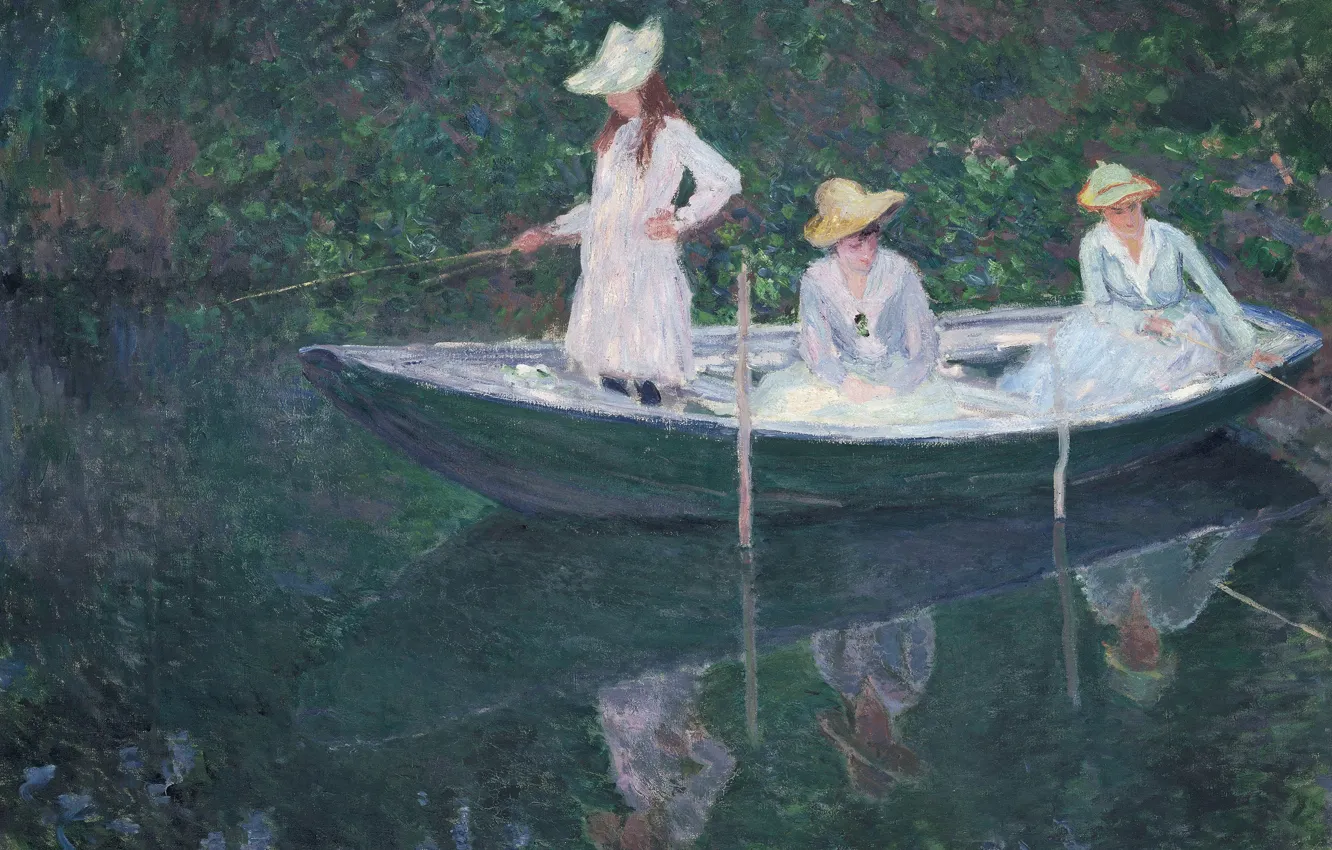 Photo wallpaper girl, reflection, picture, hat, rod, Claude Monet, genre, In The Norwegian Boat. Giverny