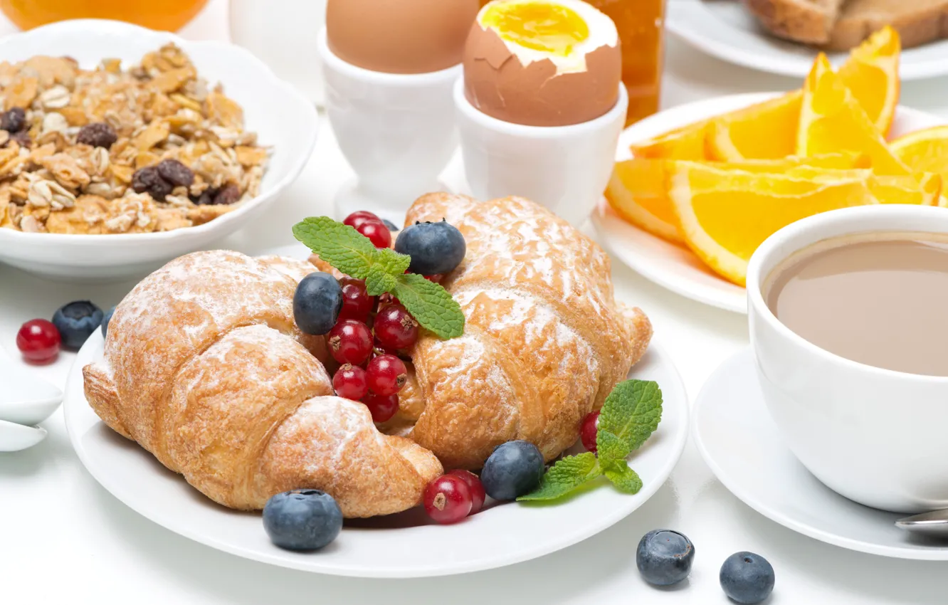 Photo wallpaper berries, food, eggs, Breakfast, plate, croissant