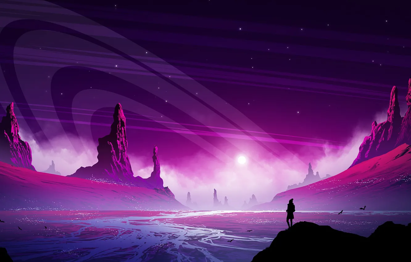 Photo wallpaper the sky, landscape, mountains, river, fiction, rocks, view, silhouette