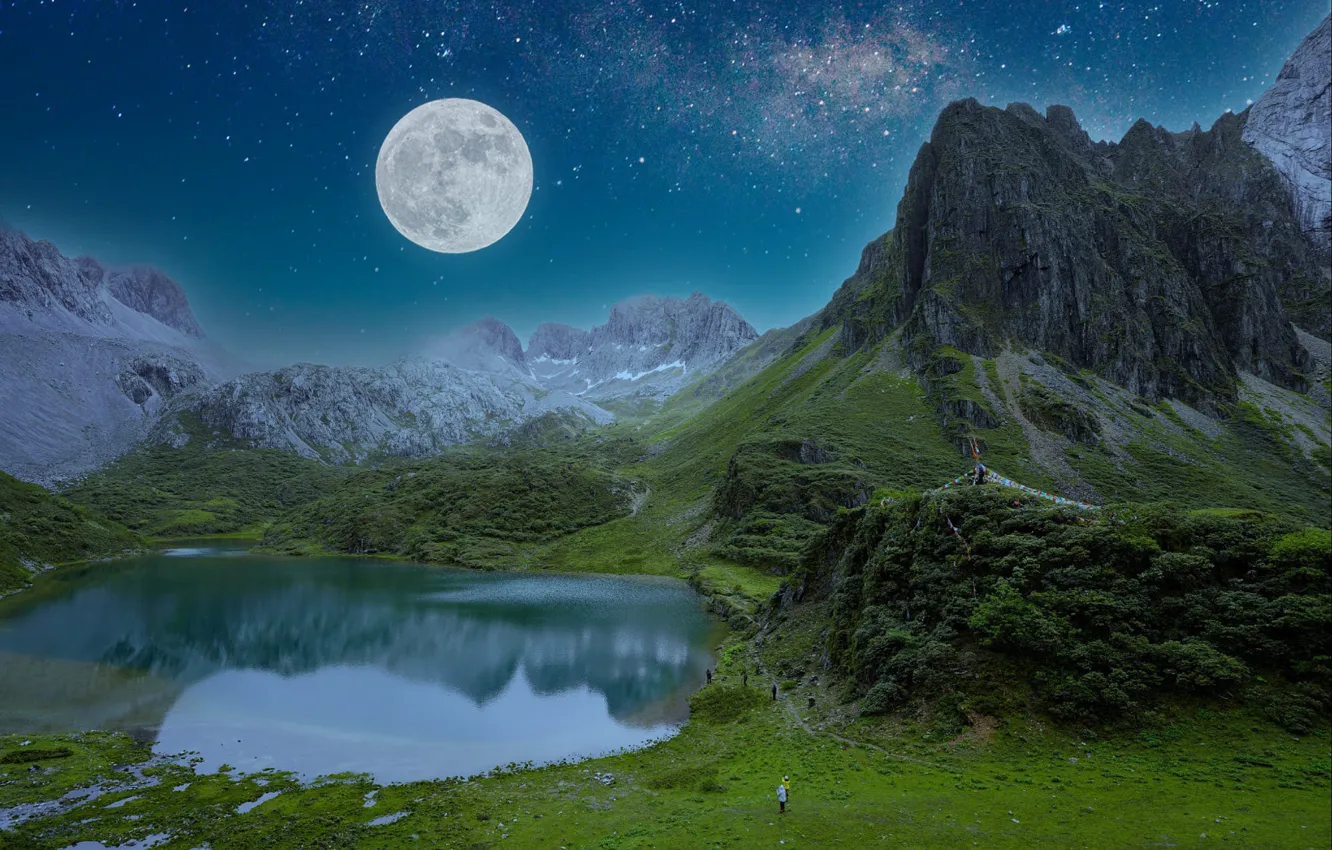 Photo wallpaper greens, the sky, stars, mountains, night, lake, reflection, blue
