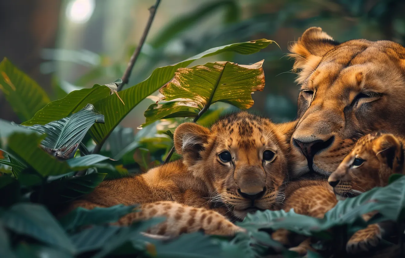 Photo wallpaper face, leaves, cub, kitty, lioness, big cat, predator, digital art