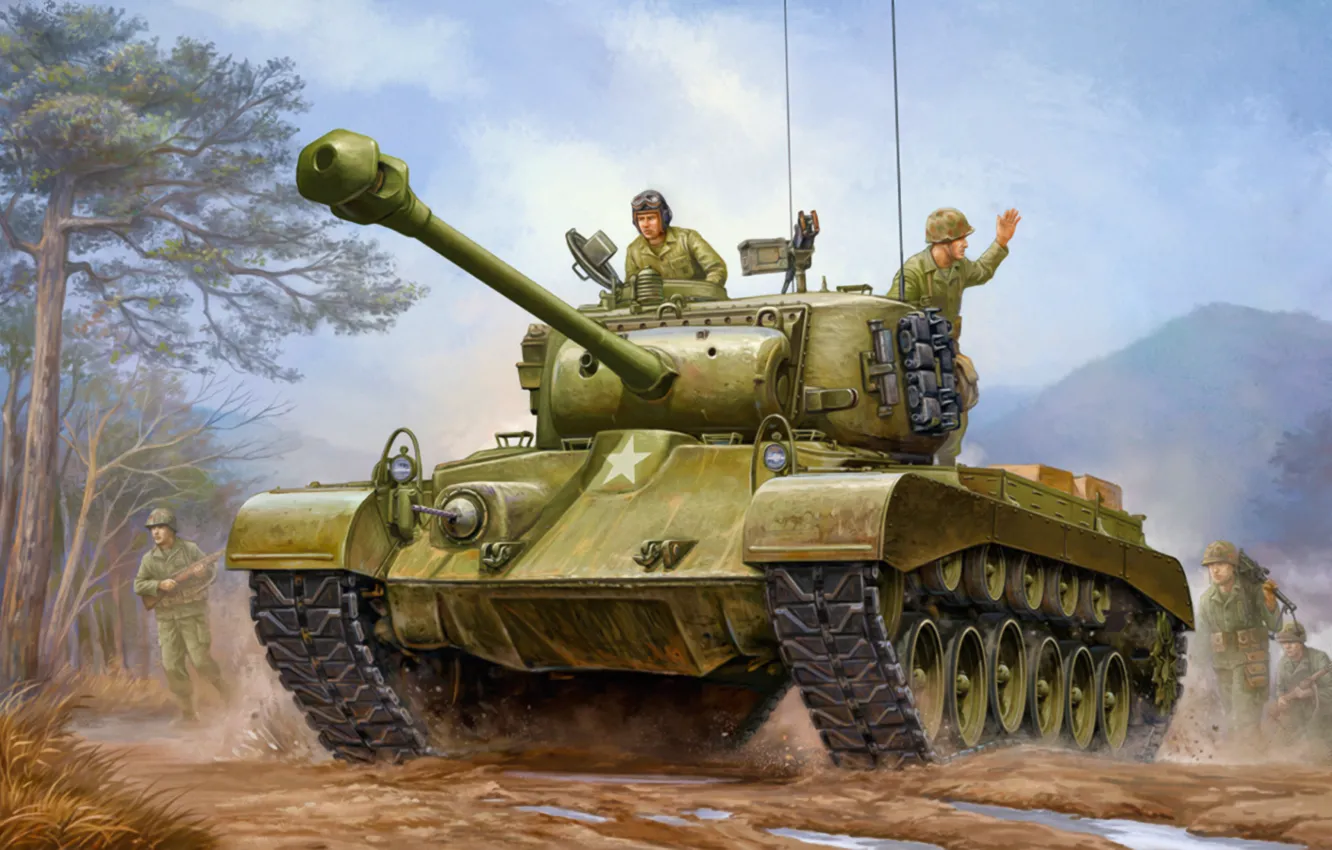 Photo wallpaper war, art, painting, tank, M26 Pershing, heavytank