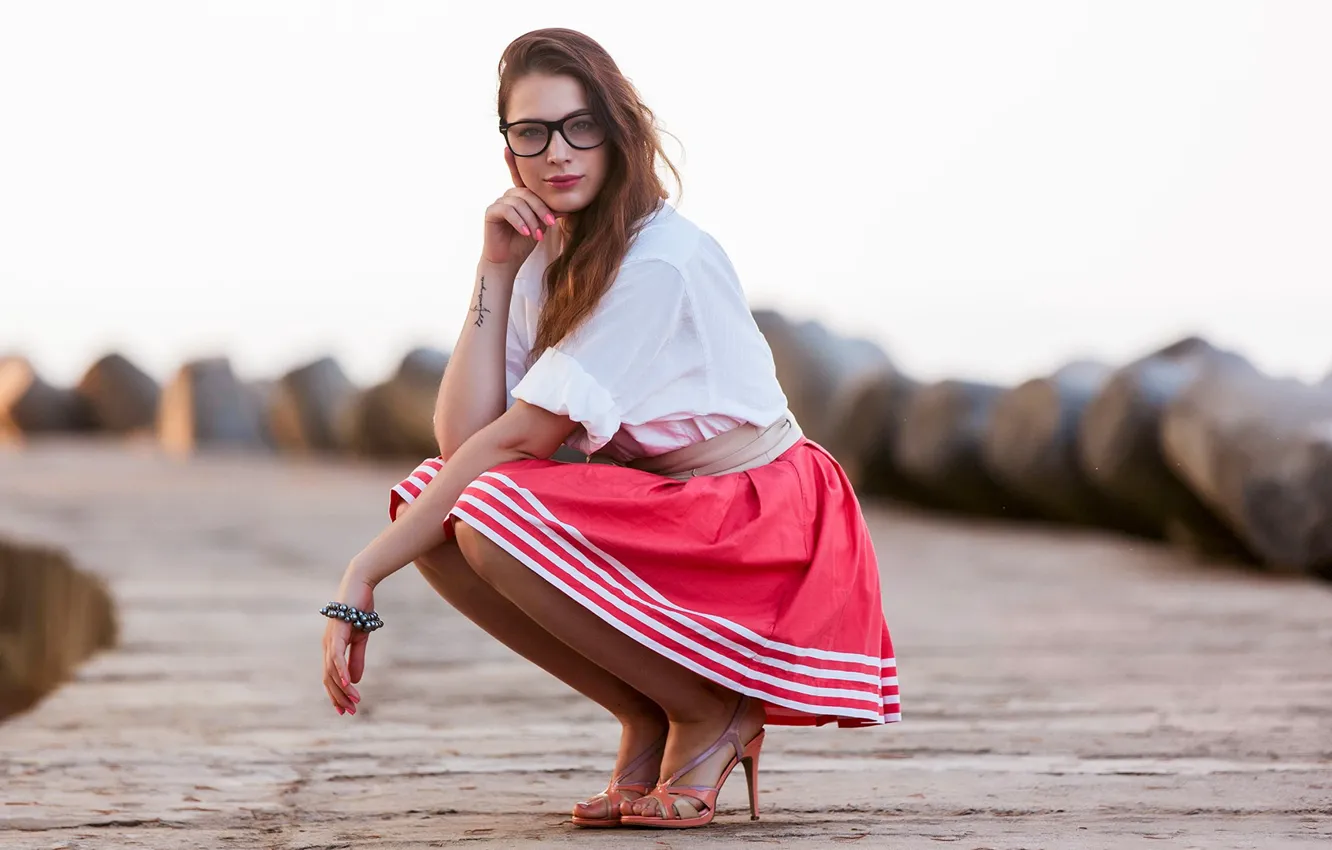 Photo wallpaper girl, Model, legs, brown eyes, photo, tattoo, bokeh, brunette