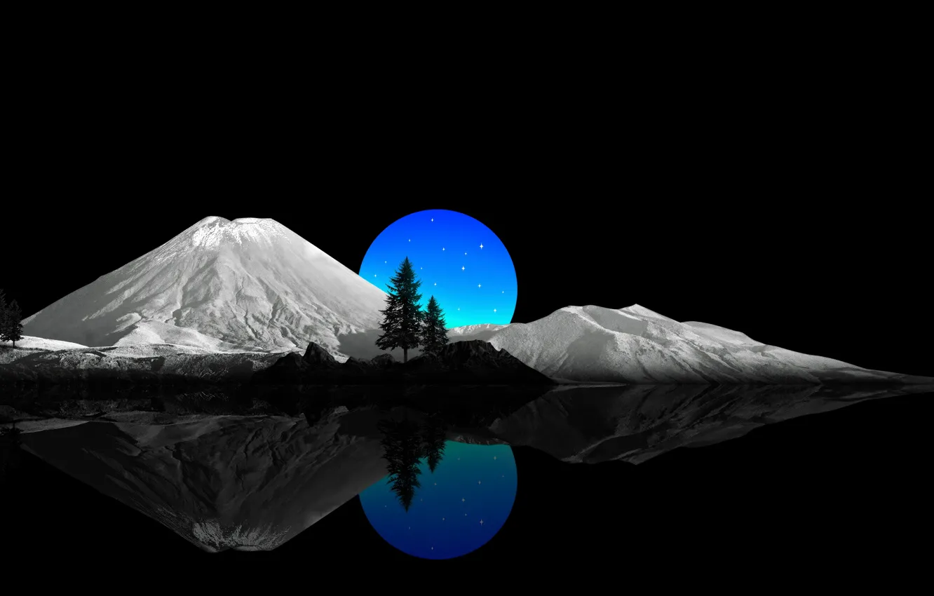 Photo wallpaper Reflection, Mountains, Night, Stars, Lake, The moon, Black background, Moon