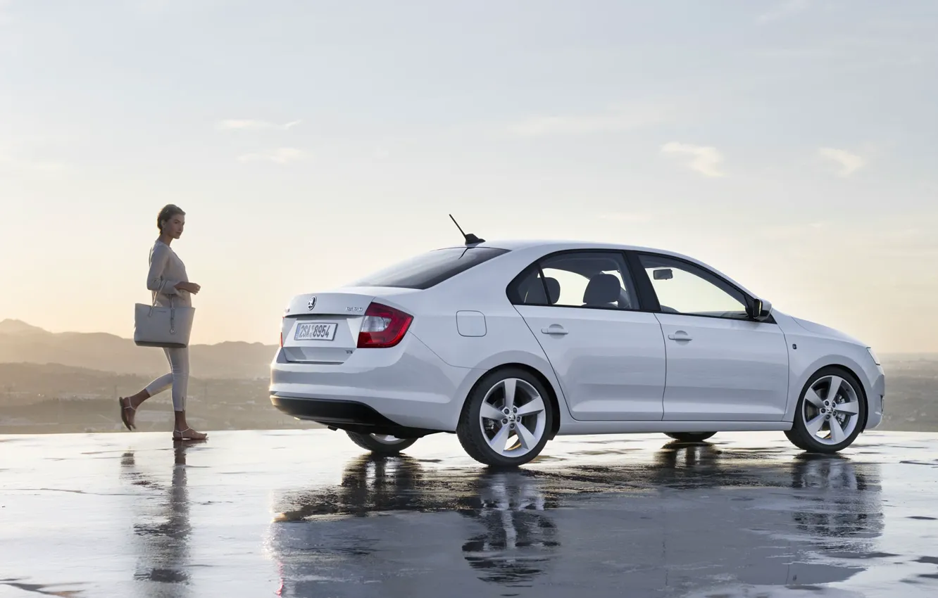Photo wallpaper girl, sedan, Skoda, Rapid