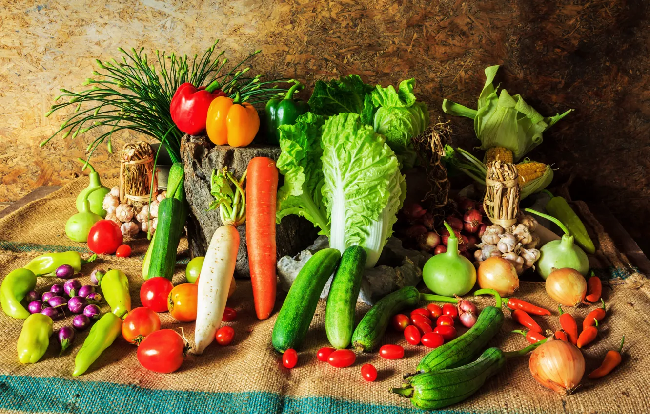 Photo wallpaper corn, pepper, vegetables, tomatoes, carrots, cabbage, cucumbers, carrot