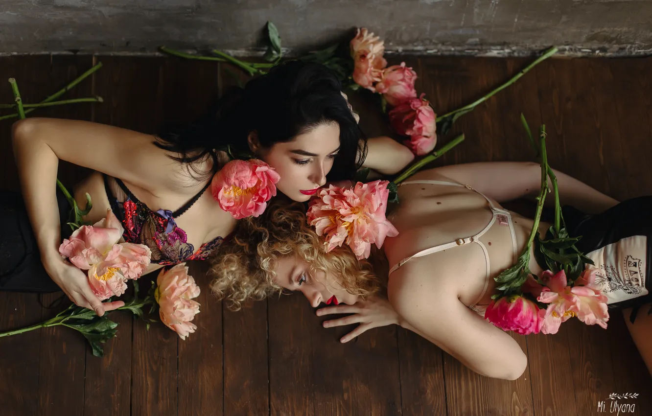 Photo wallpaper girl, flowers, pose, brunette, blonde, floor, peonies, Ulyana Bukanova