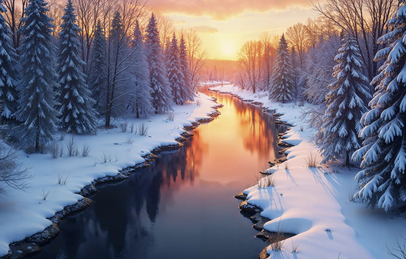 Photo wallpaper winter, forest, snow, river, tree, forest, nature, winter