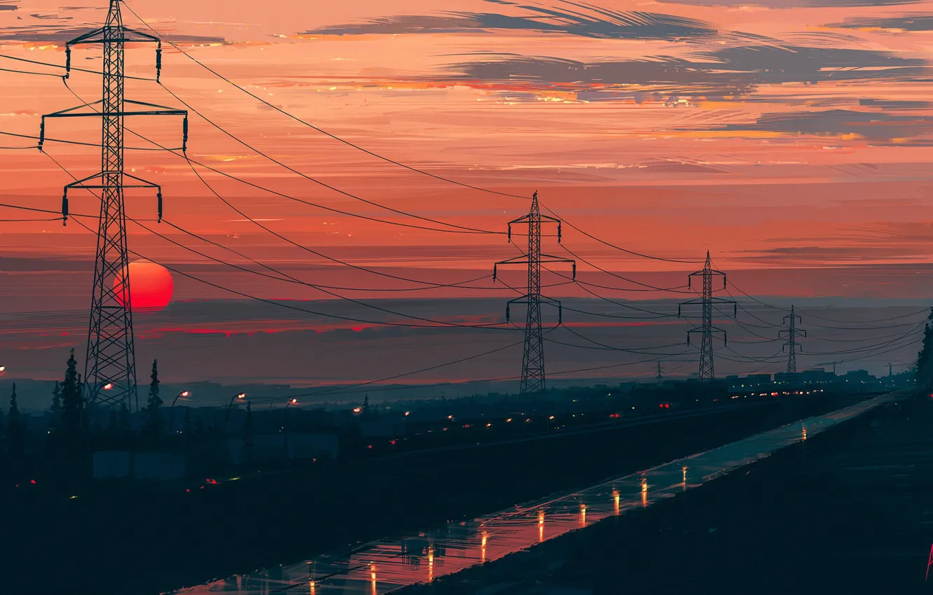 Photo wallpaper road, the sun, landscape, sunset, Aenami, Any Minute Now, the power lines, Alena Aenam The