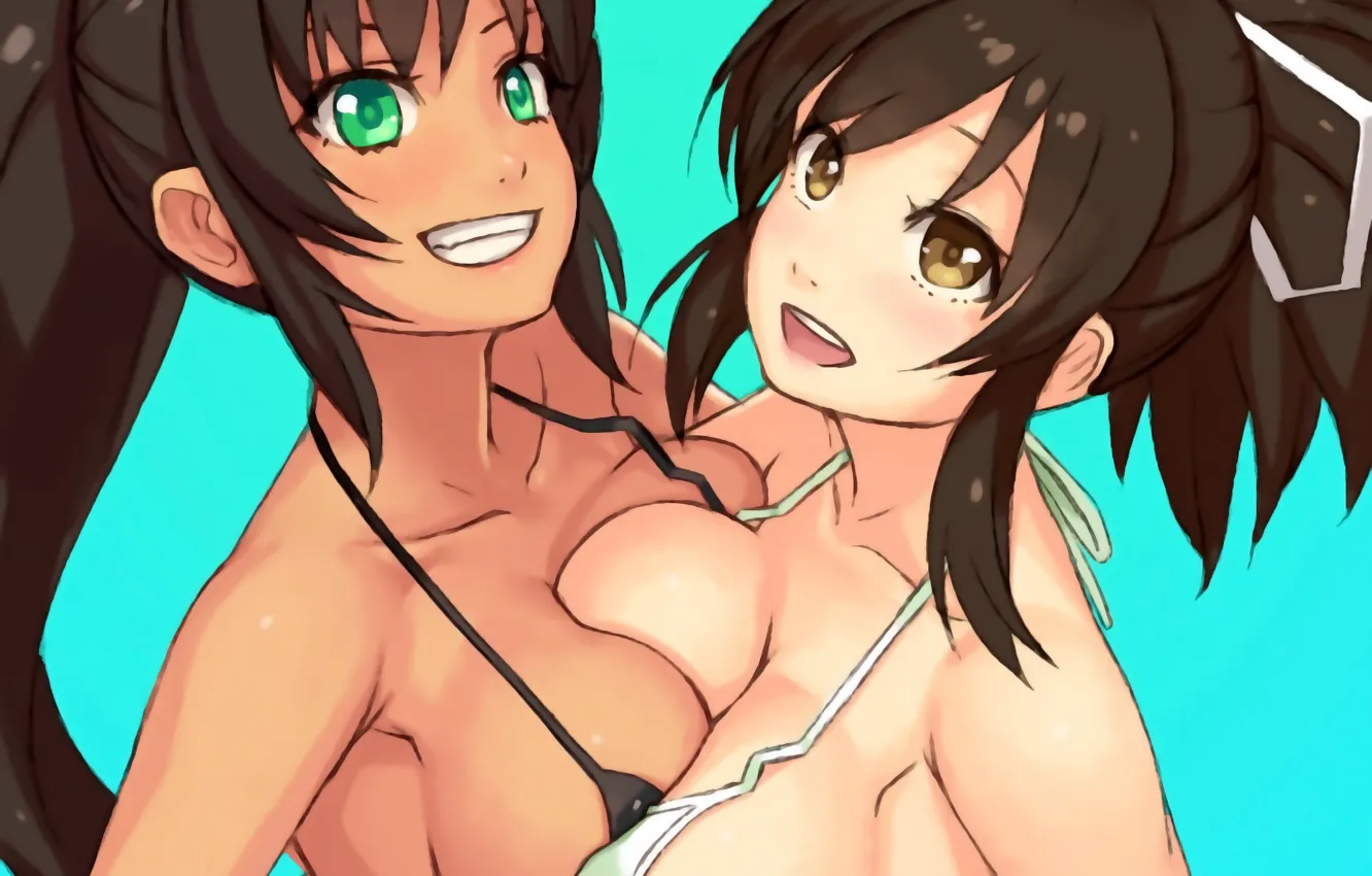 Photo wallpaper sexy, cleavage, green eyes, long hair, girls, brown hair, boobs, anime