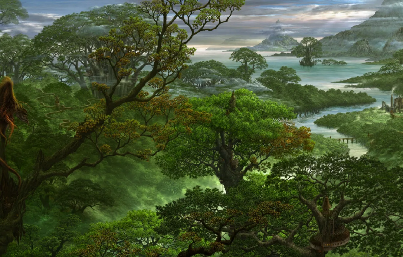 Photo wallpaper forest, trees, mountains, fog, river, dragon, art, haze
