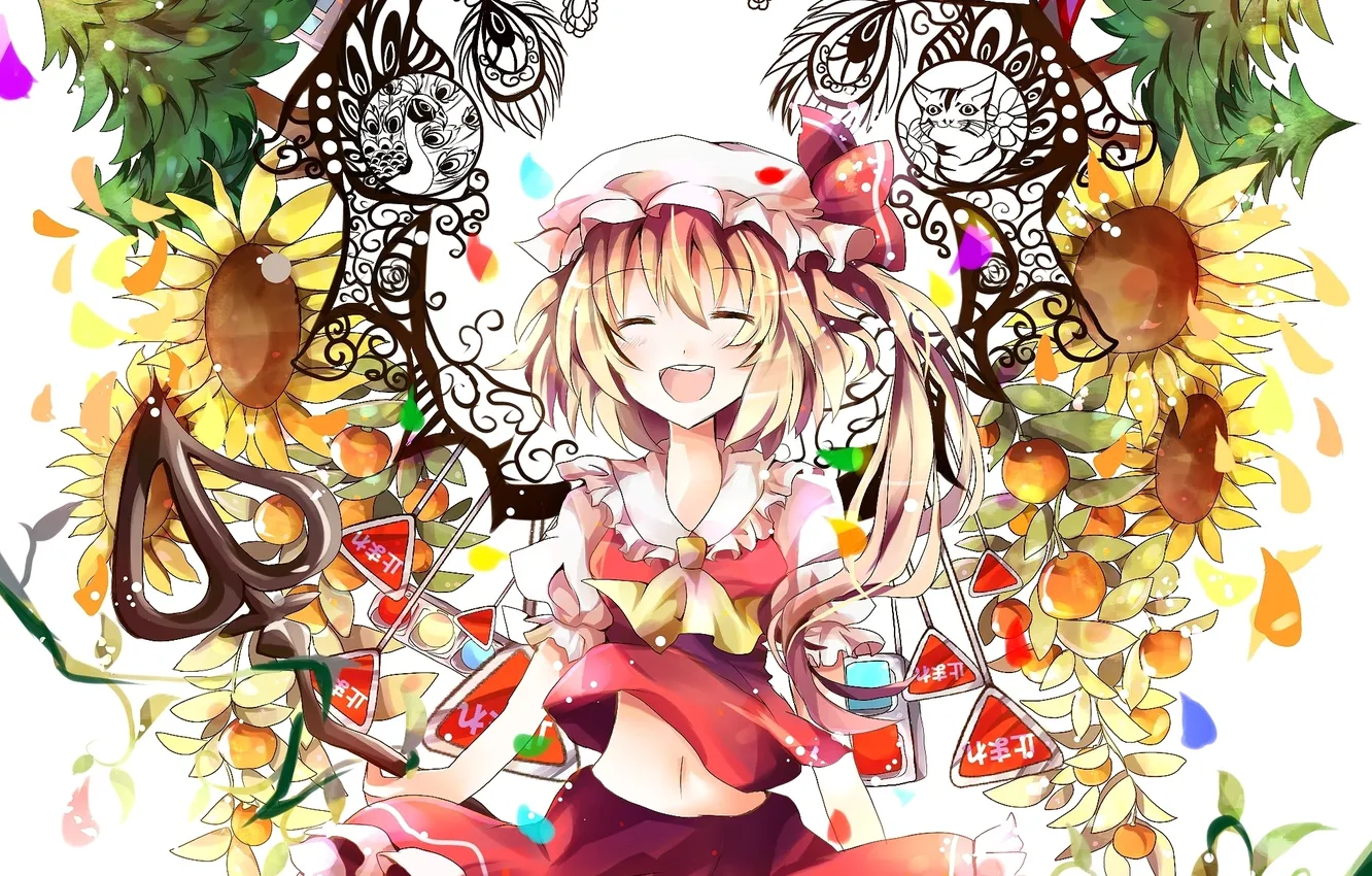 Photo wallpaper cat, girl, joy, sunflowers, sign, wings, petals, art