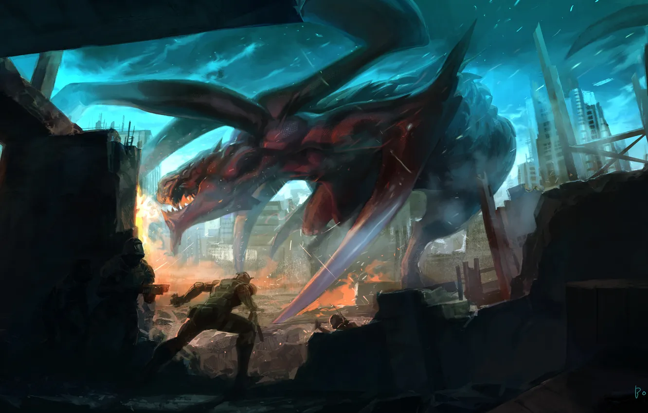 Photo wallpaper night, the city, lights, weapons, people, monster, art, soldiers