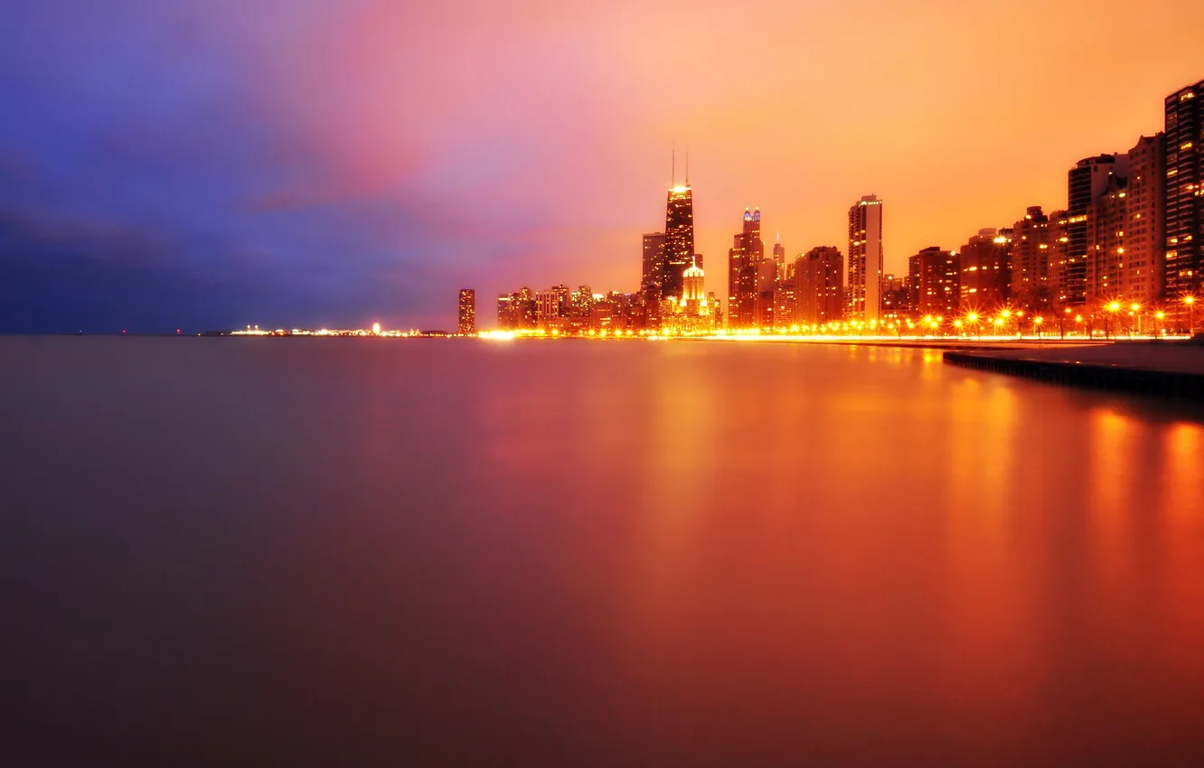 Photo wallpaper night, lights, skyscrapers, Chicago, Michigan, USA, Chicago