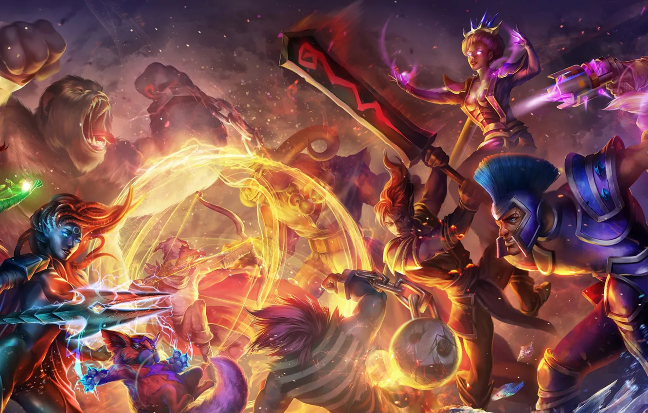 Photo wallpaper lights, magic, sword, battle, gorilla, battle, Strife, art