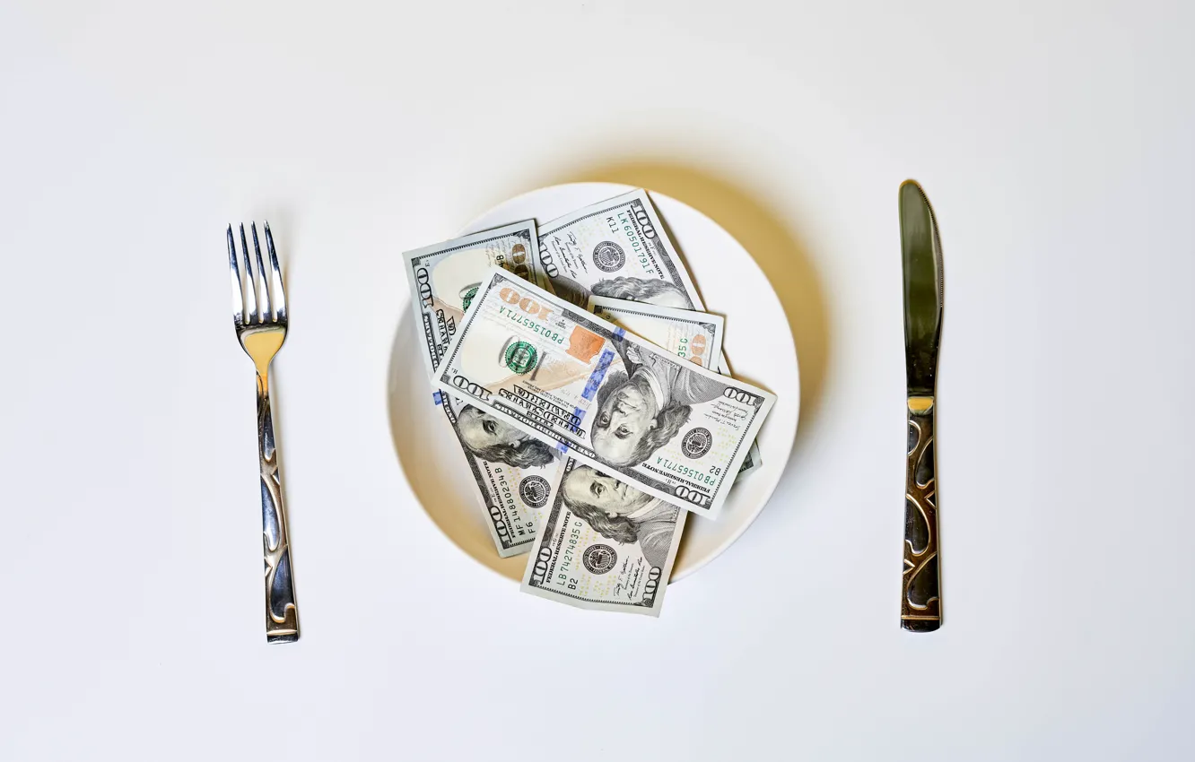 Photo wallpaper money, plate, knife, USA, dollars, plug, STO, Benjamin Franklin