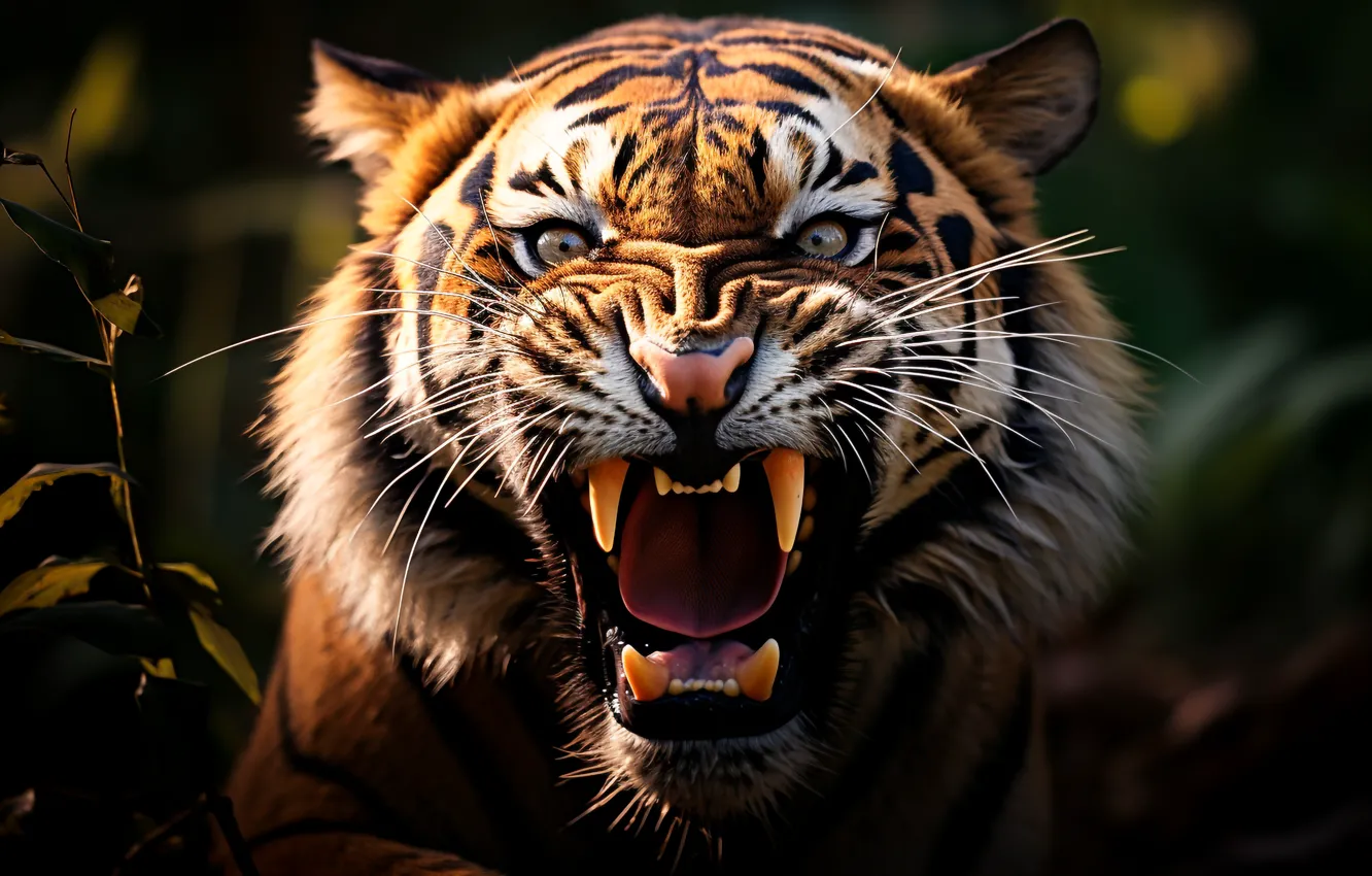 Photo wallpaper pose, look, nature, AI art, mouth, face, roar, tiger