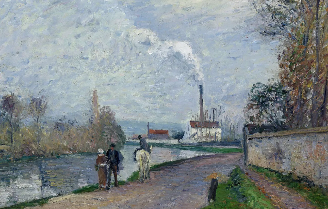 Photo wallpaper landscape, house, river, smoke, picture, pipe, promenade, Camille Pissarro