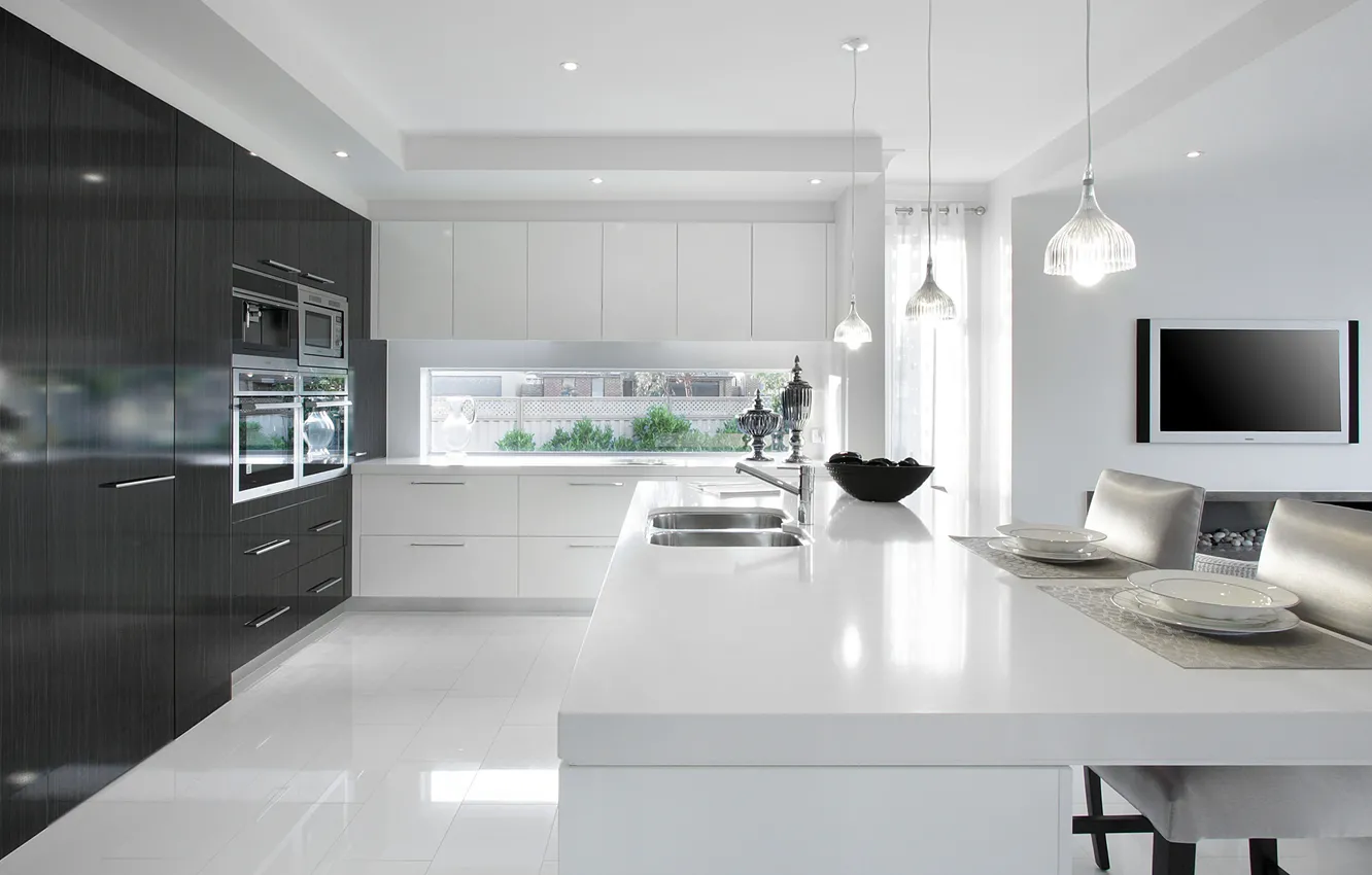 Photo wallpaper minimal, white, black, interior, home, kitchen