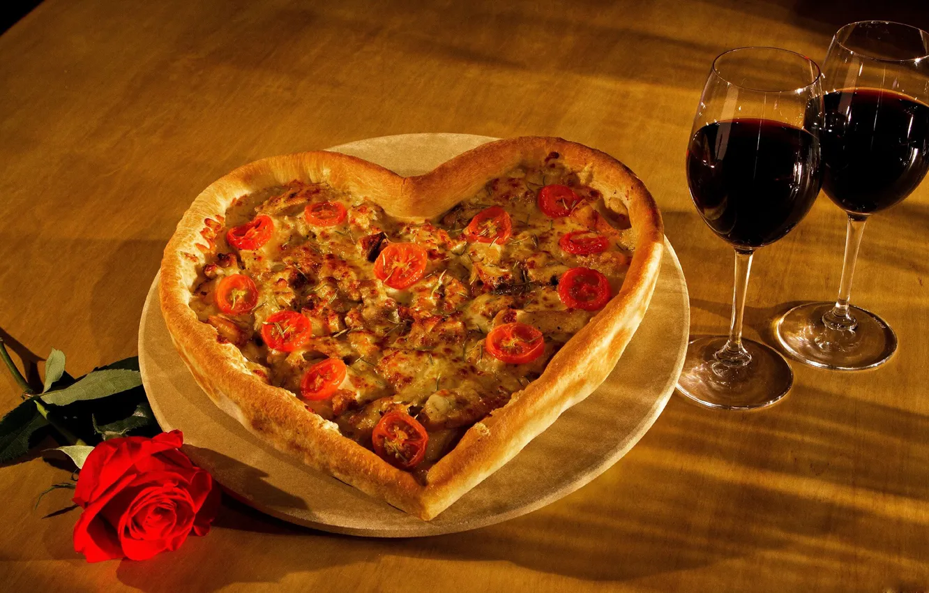 Photo wallpaper wine, romance, heart, rose, pizza