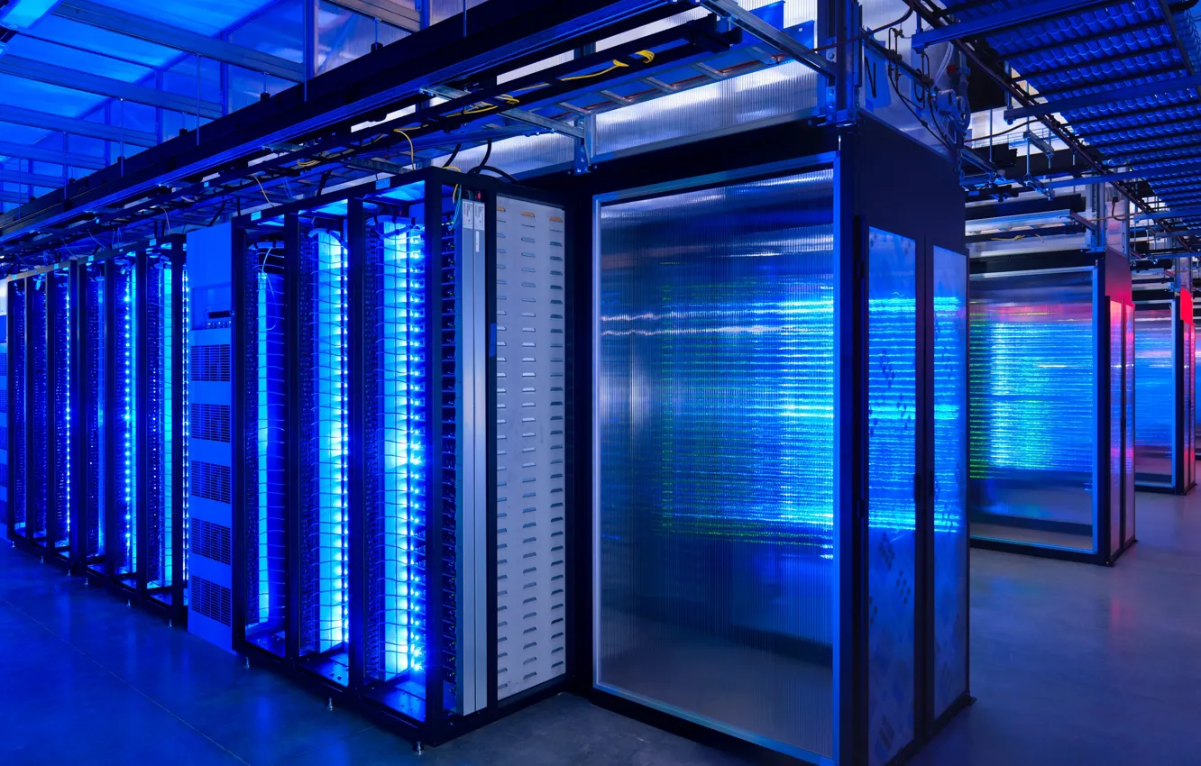 Photo wallpaper computer, blue, neon, backlight, server, data center, Server