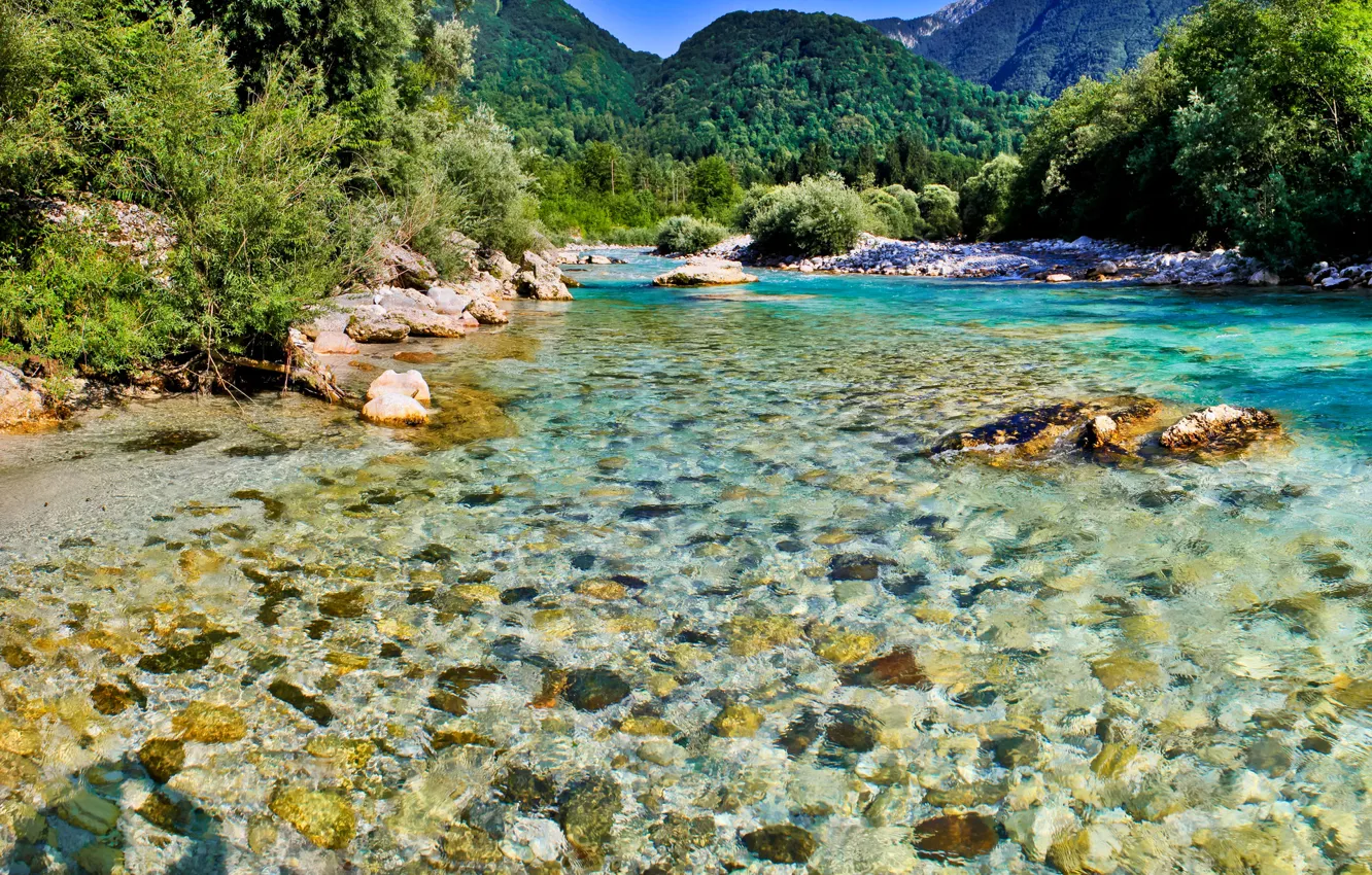 Photo wallpaper the sky, trees, nature, river, stones, Slovenia, Bovec, Socha