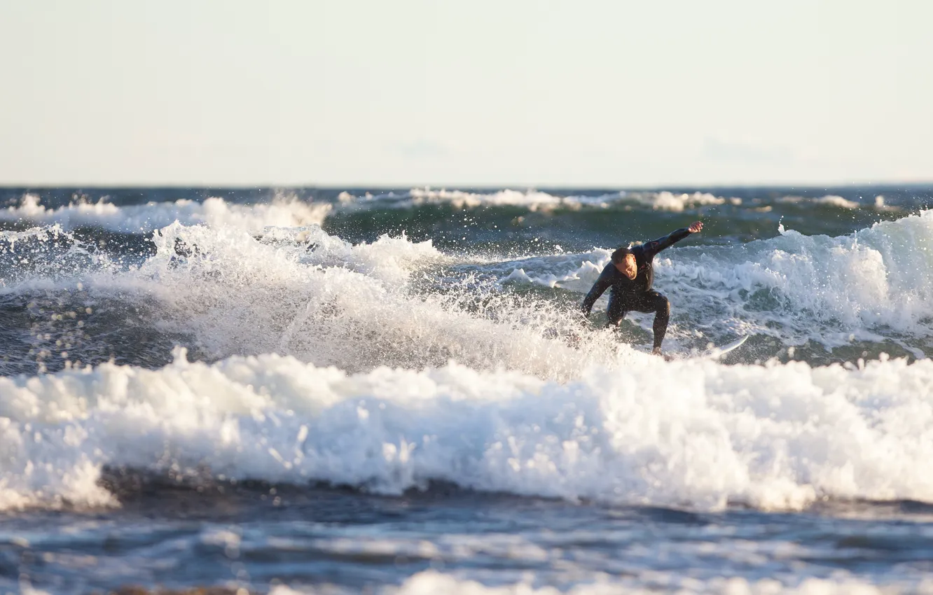 Photo wallpaper waves, sea, surfing, splash, surfer, horizon, sunlight, extreme sport