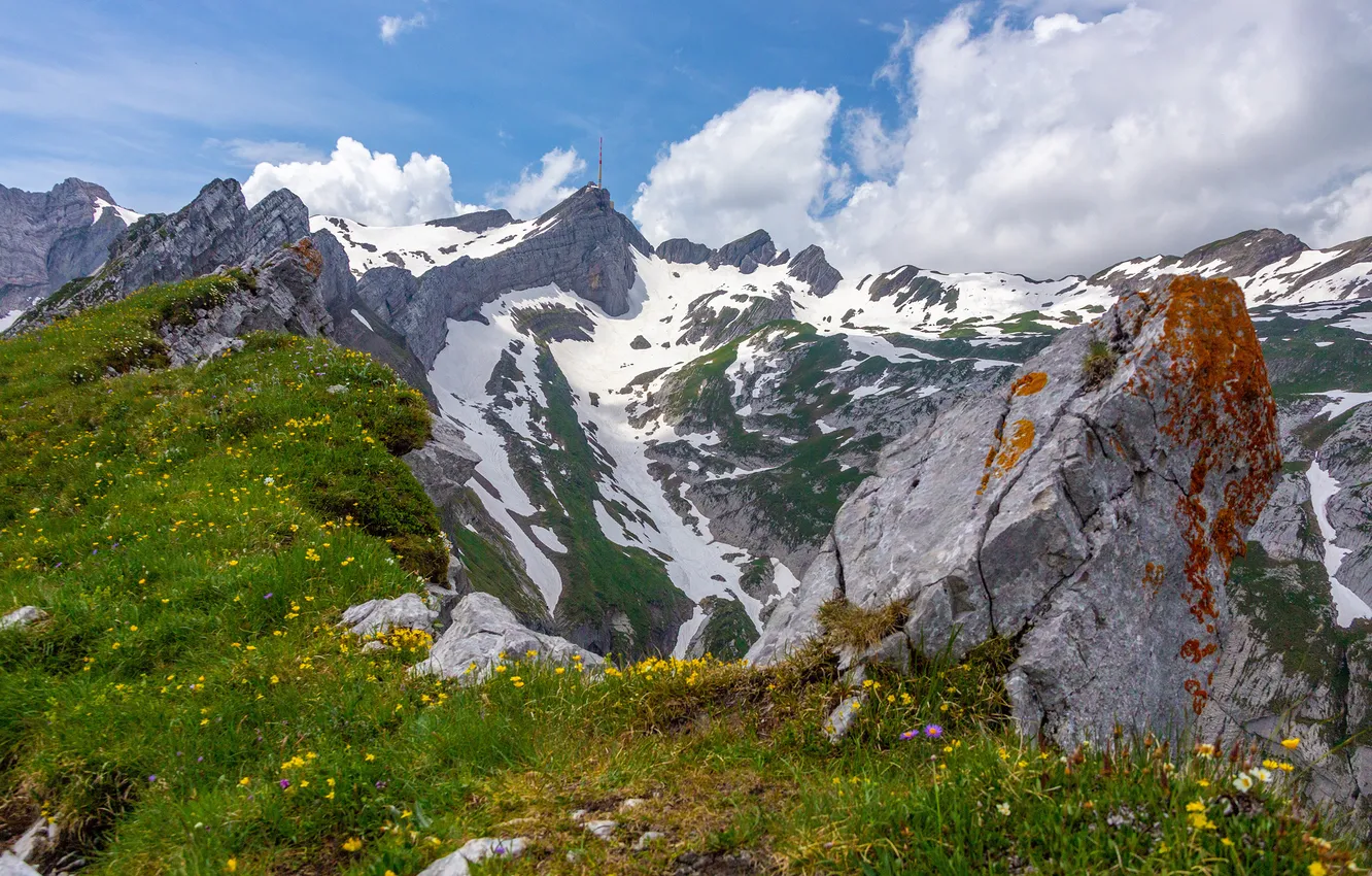 Photo wallpaper nature, Switzerland, summer Ageteplatte, Aplstein Appenzellerland Hiking landscape mountain