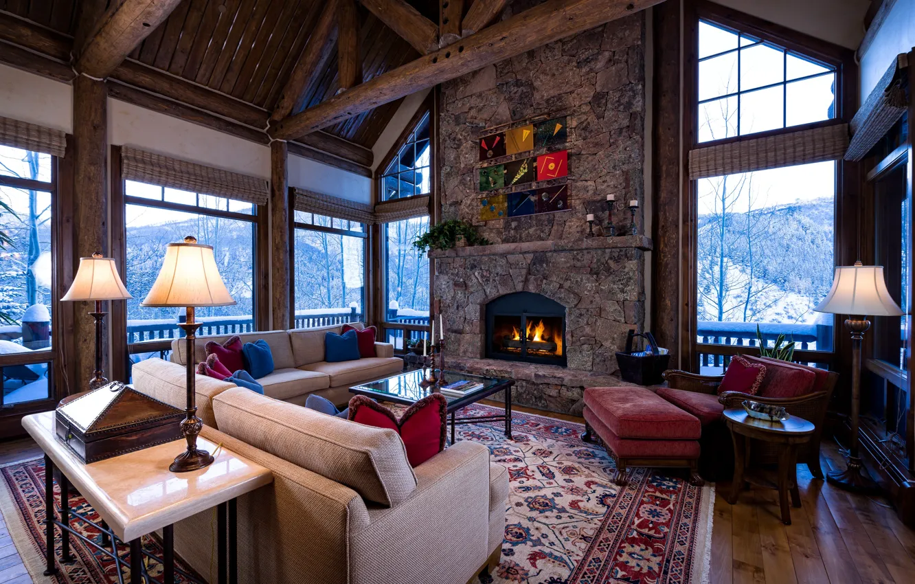 Photo wallpaper living room, interior, fireplace, Colorado, Arrowhead