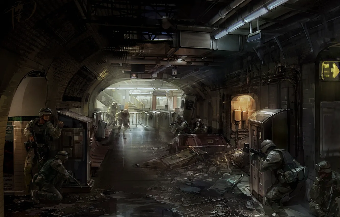 Photo wallpaper weapons, metro, art, soldiers, devastation, the room, military, Mourad
