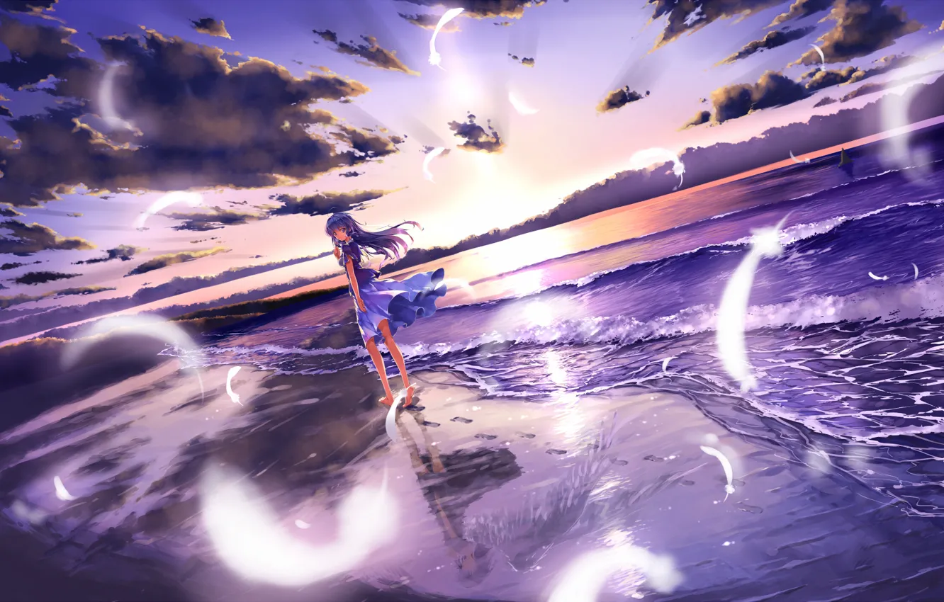 Photo wallpaper sea, beach, girl, sunset, reflection, wings, angel, feathers
