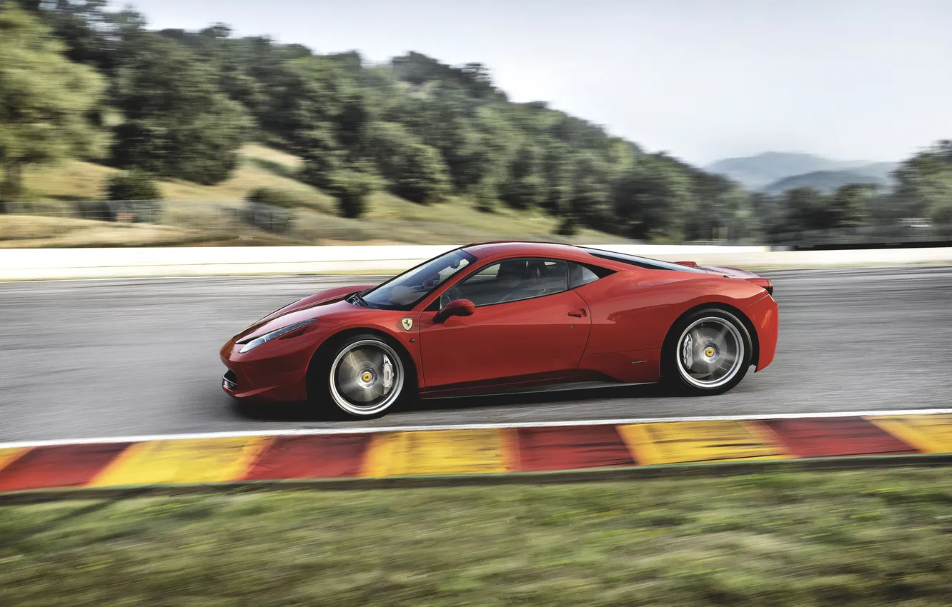 Photo wallpaper auto, red, Ferrari, Ferrari, side view, 458, in motion, Italia